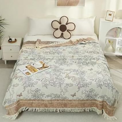 Boho Muslin Blanket for Adults 4-Layer Gauze Twin Size Soft Cozy 100% Cotton Summer Cooling Blanket Floral Decor for Sofa Bed Coverlet Both Sides (Tassels Floral Tan, 80 x 90 in)