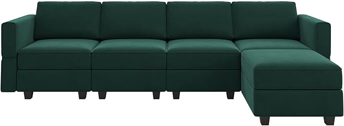 Belffin Modular Sectional Sofa Couch with Reversible Chaise - Velvet L Shaped Couch with Storage, 4-seat Convertible Green.…