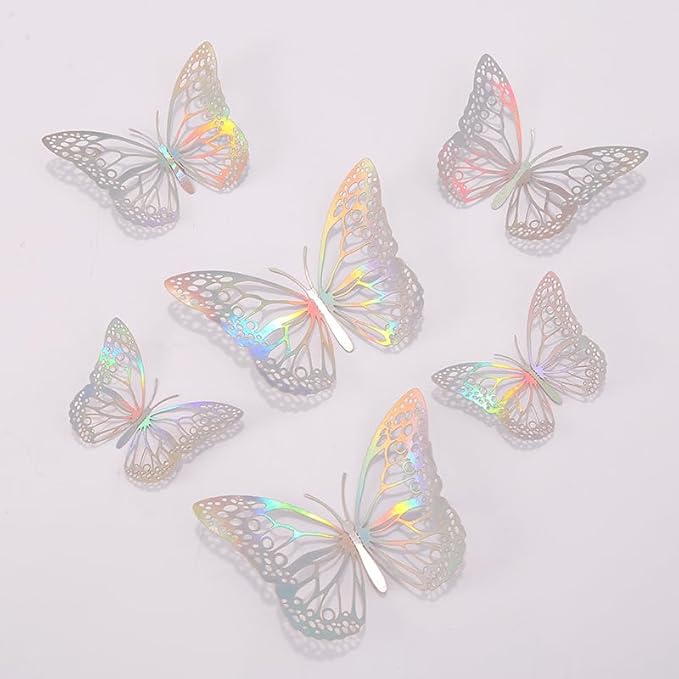 3D Butterfly Wall Decor 48 Pcs 4 Styles 4 Colors 3 Sizes,Gold Silver Laser Rose Butterfly Decorations for Butterfly Birthday Decorations Butterfly Party Decorations Cake Decorations,Removable Sticker