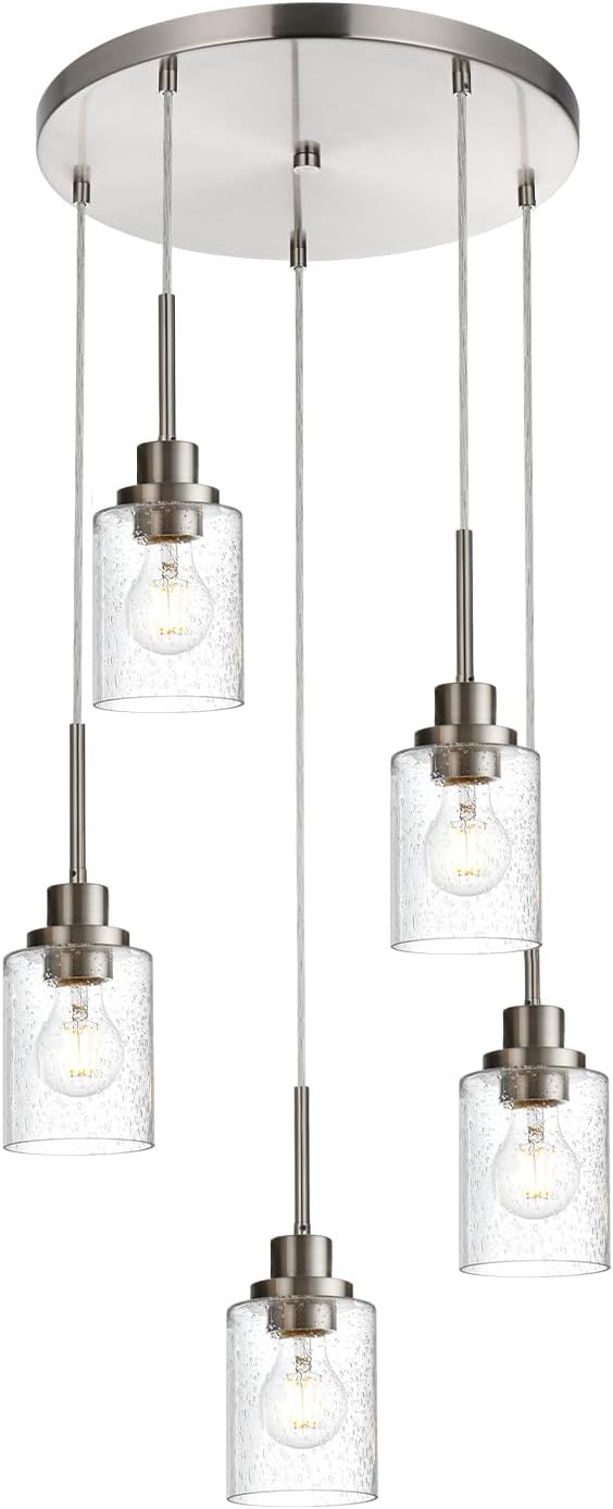 5 Light Farmhouse Pendant Lighting for Kitchen Island,Brushed Nickel Dining Room Cluster Pendant Light Fixtures Hanging Ceiling with Seeded Glass,Modern Pendant Light for Entrance Stairwell