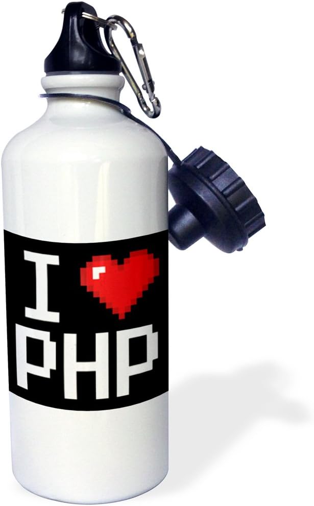 3dRose "Geeky Old School Pixelated Pixels 8-Bit I Heart I Love PHP" Sports Water Bottle, 21 oz, White