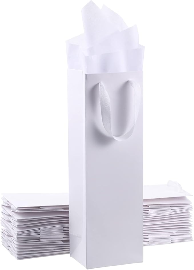 24 Pieces Christmas Kraft Wine Bag Paper Wine Bag, Wine Bottle Bag Holder with Handles with Kraft Tissue Paper Retail Wine Bag Bulk for Wedding Party, 4 x 3.5 x 14 Inch(White)
