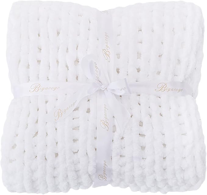 Bigacogo Chunky Knit Throw Blanket for Couch, 51x63 inches, 100% Hand Knitted with Thick Jumbo Chenille Yarn, Cozy Soft Large Rope Knot Cable Crochet Blankets for Sofa Bed Living Room, White