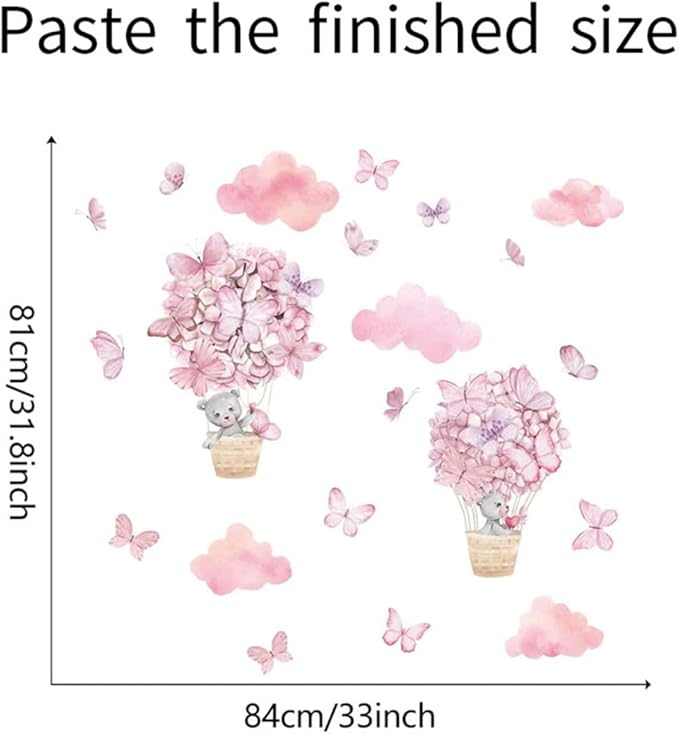 Bear Flower Butterfly Pink Clouds Wall Stickers for Girls Room Hot Air Balloon Baby Nursery Decor Wall Decal