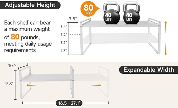 16.5~27.1" Expandable Shelf Organizer, 1Pack 10.2" Wide Stackable Cabinet Shelf Organizers, White Metal Sturdy Kitchen Counter Storage for Countertop, Adjustable Height Spice Rack