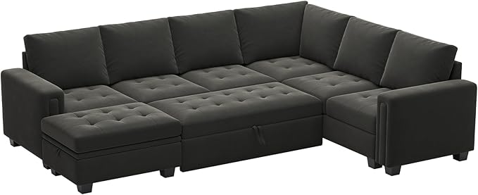 Belffin Modular Sectional Sleeper Sofa with Pull Out Bed U Shaped Sectional Sofa Couch with Storage Ottoman Velvet Covertible 7-Seater Sofa for Living Room Grey