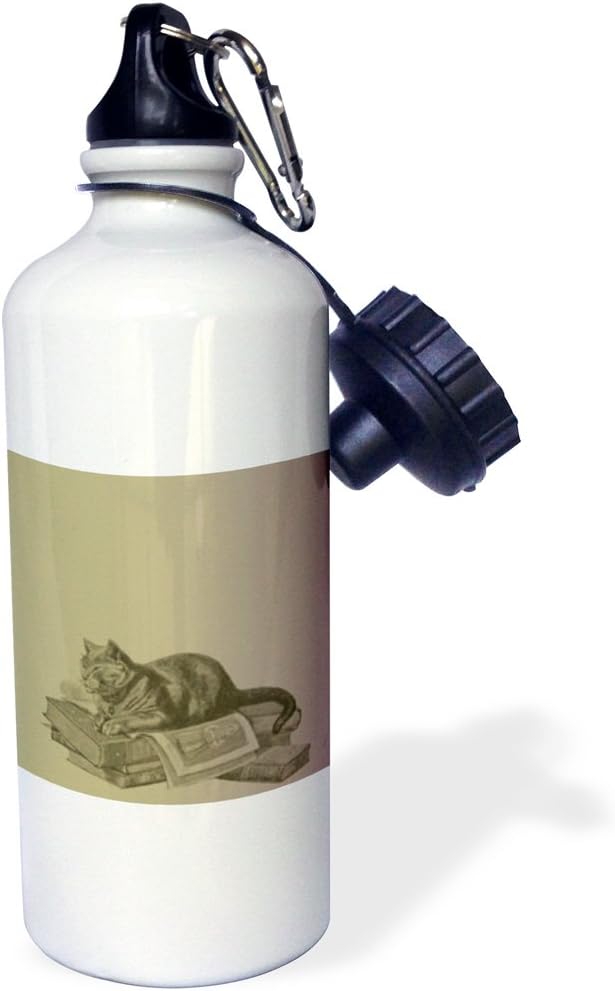 3dRose "Cat on Books pets animal art" Sports Water Bottle, 21 oz, White