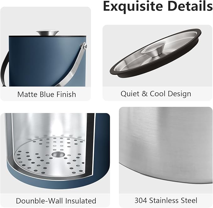 3L Ice Bucket with Silicone Lid, Scoop, Tongs & Strainer, Stainless Steel Double Wall Insulated Ice Buckets for Parties & Cocktail Bar, Outdoor Champagne Ice Container Bin, Navy