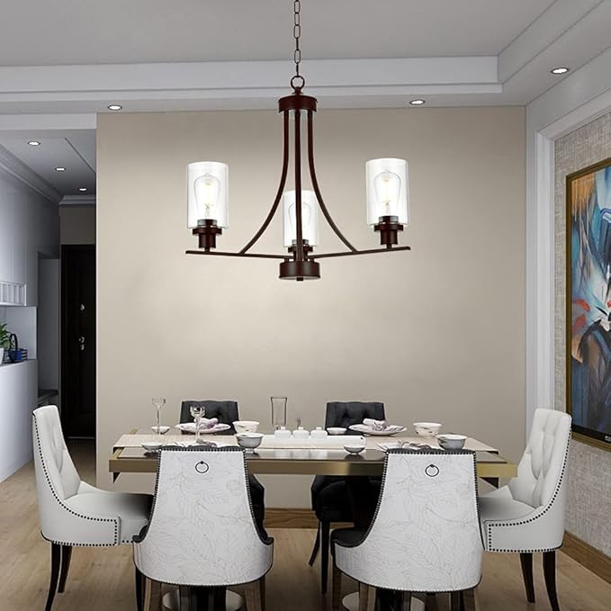 BONLICHT 3 Lights Oil-Rubbed Bronze Traditional Chandelier Rustic Kitchen Island Lighting Fixtures Hanging Clear Glass Cylinder Pendant Lights Classic Ceiling Light for Dining Room Bedroom Foyer