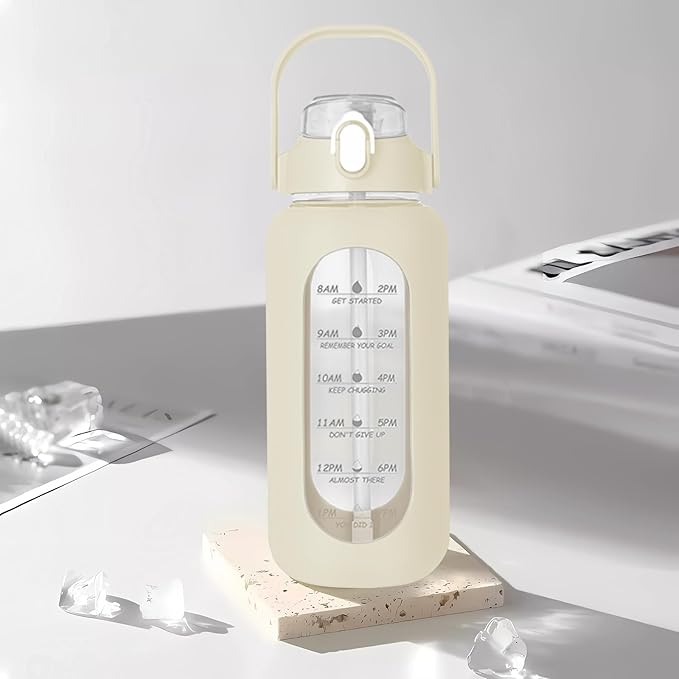 64oz Glass Water Bottle with Straw - Half Gallon Large Motivational Water Bottle with Silicone Sleeve Time Marker, Ideal for Gym, Sports, Workouts, Daily