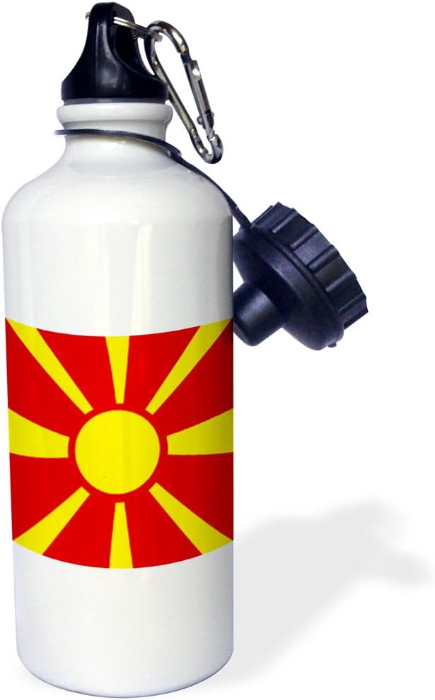 3dRose "Flag of Macedonia-Macedonian yellow golden sun on red FYROM Former Yugoslav Republic of Macedonia" Sports Water Bottle, 21 oz, White