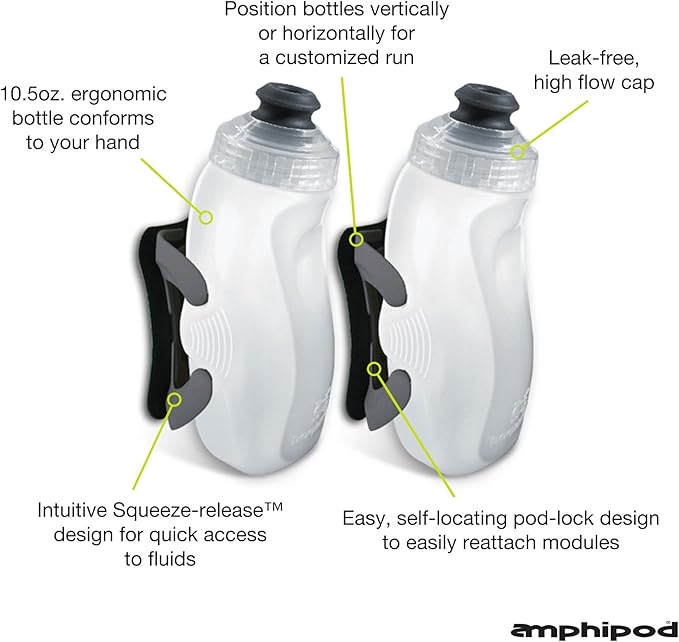 Amphipod RunLite Xtech Hydration System, Dual 10.5 oz Hydraform Water Bottles for Running, Marathons & Endurance Training (Push/Pull Cap) - Clear/Charcoal - 2 x 10.5 oz
