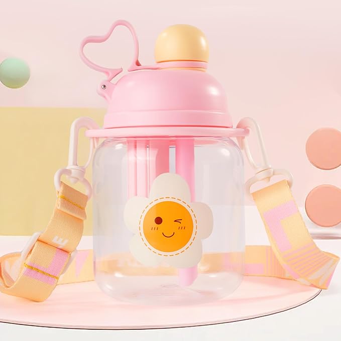 27oz Toddler Water Bottle, Tritan Sports Water Bottle with Straw, Plastic Water Bottle with Soft Strap, Kids Water Bottle for School, Includes Fruit Infuser Strainer, Leak-Proof, BPA Free, Pink