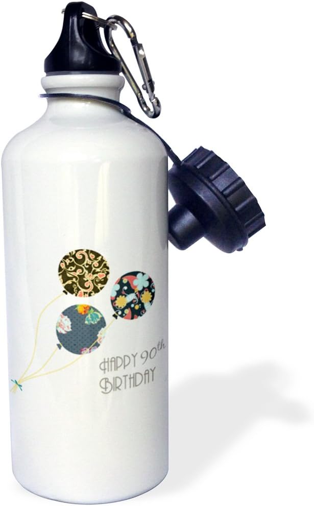3dRose "Happy 90th Birthday-Modern stylish floral Balloons. Elegant black brown blue 90 year old Bday" Sports Water Bottle, 21 oz, White