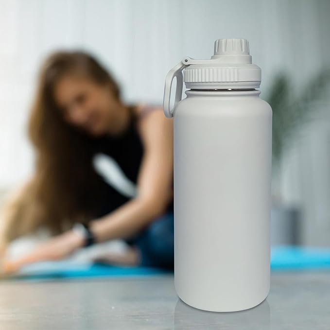 32oz Insulated Water Bottle ,Stainless Steel Sports Water Cup Flask with 2 Lids, Wide Mouth Travel Thermal Mug,Outdoor Sports Bottle(white)