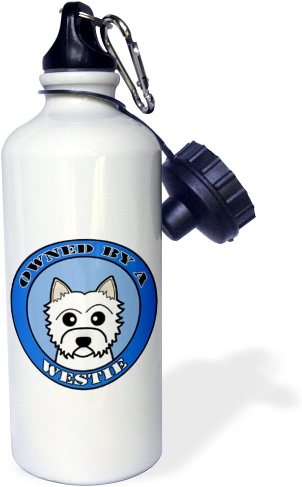 3dRose "Owned By a West Highland Terrier Westie Dog Blue" Sports Water Bottle, 21 oz, White