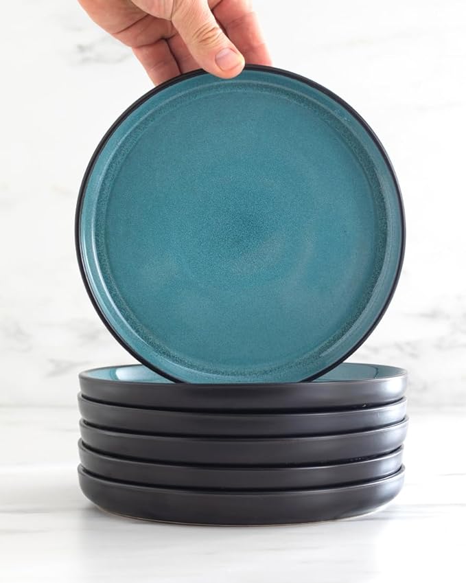 32 Piece Dinnerware Sets for 8 - Modern Style Stoneware Dinnerware Set - Scratch Resistant, Dishwasher Safe Plates and Bowls Sets Ceramic, Dish Set, Bowl and Plate Set - Black and Petrol Blue…