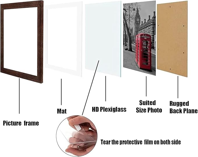 11x14 Picture Frame Set of 6, Display Pictures 8x10 with Mat or 11x14 Without Mat for Wall Mounting,Rustic Brown