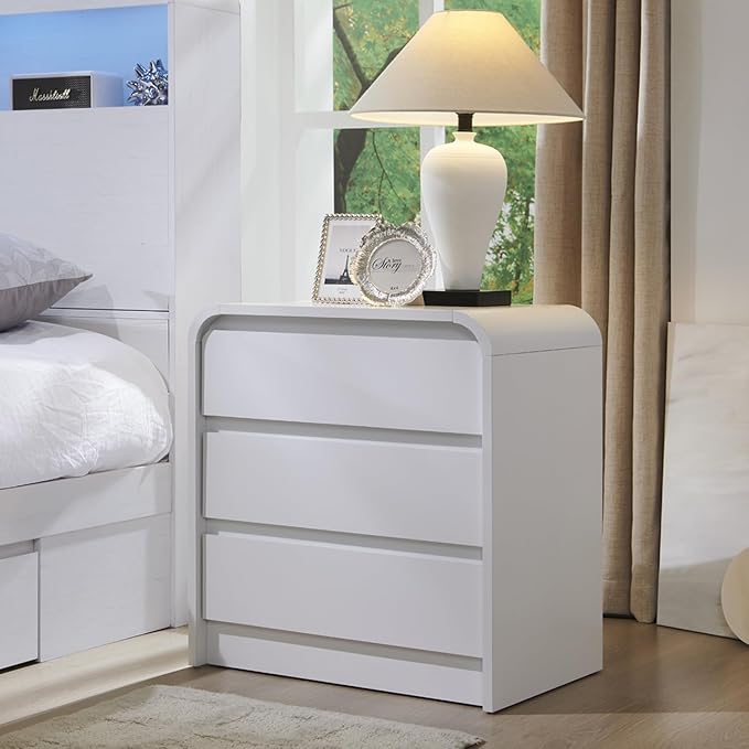 25" Tall Modern Nightstand with Charging Station, 23.6'' Wide Wood Bedside Table w/3 Storage Drawers, Small Dresser w/Curved Profile Design, End Table for Bedroom, White