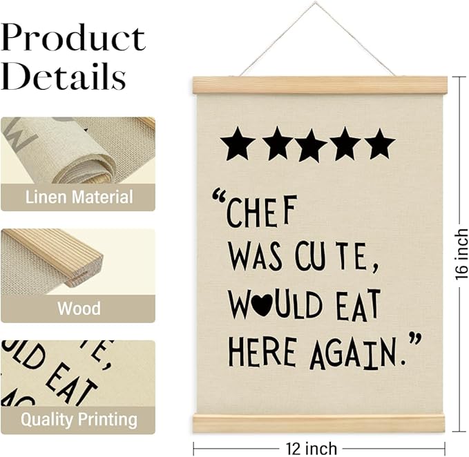 BIWSHA Cute Kitchen Canvas Poster Framed Hanger 12x16 Inch,Funny Five Star Rating Poster,Black Kitchen Quotes Decor Chef Was Cute Print, Chef Signs Decoration Trendy Cooking Art