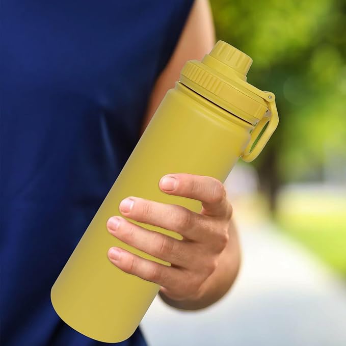 22oz Insulated Water Bottle ,Stainless Steel Sports Water Cup Flask with 2 Lids, Wide Mouth Travel Thermal Mug,Outdoor Sports Bottle(Mango yellow)