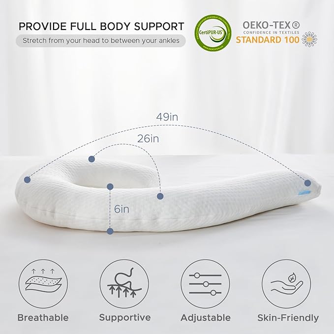 Body Pillow for Adults - Soft Long Bed Pillows Insert for Sleeping - Shredded Memory Foam and Removable Washable Cover - Swan Shaped Side Sleeper Pregnancy Pillow 49 Inch (White)