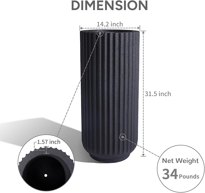 31.5 Inch Tall Roman Column Concrete Planter(14.2Dx31.5H,36 Pounds),Durable All-Weather Use with Drainage Holes,Large Tall Round Planter for Outdoor Indoor Plants