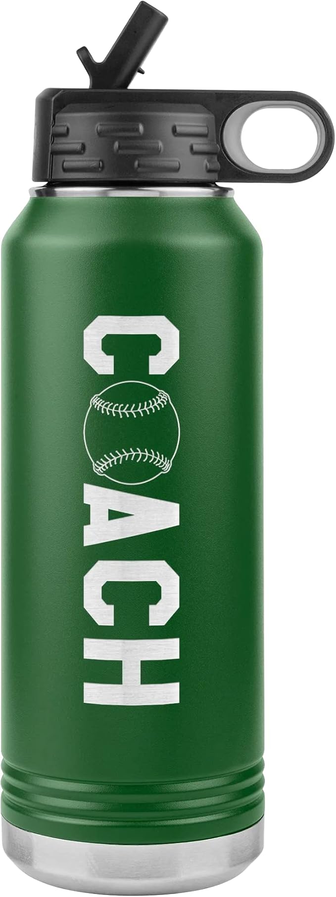 Baseball Coach Water Bottle - 32oz Insulated Engraved Stainless Steel Flip Top with Straw Baseball Coach Gift Green