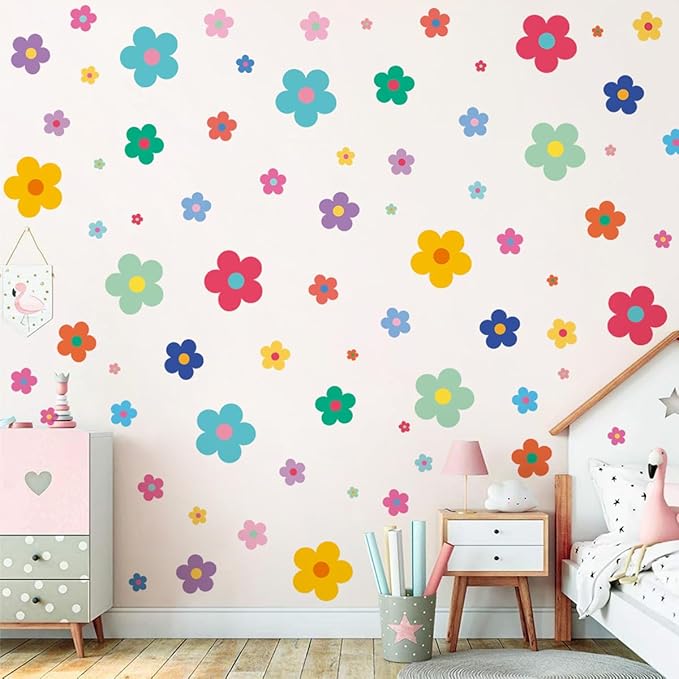 Amaonm 12 Sheets Large Daisy Wall Decals DIY Boho Sunflower Wall Stickers Peel and Stick Colorful ins Daisy Floral Wall Decor for Nursery Little Girls Teens Bedroom Living Room (8 Sheets of 48pcs)
