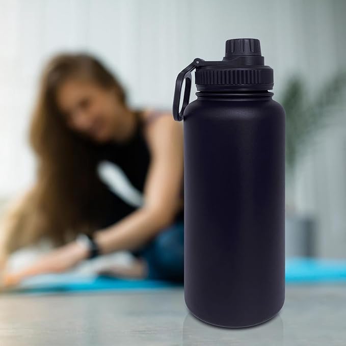 32oz Insulated Water Bottle ,Stainless Steel Sports Water Cup Flask with 2 Lids, Wide Mouth Travel Thermal Mug,Outdoor Sports Bottle(Blue Black)