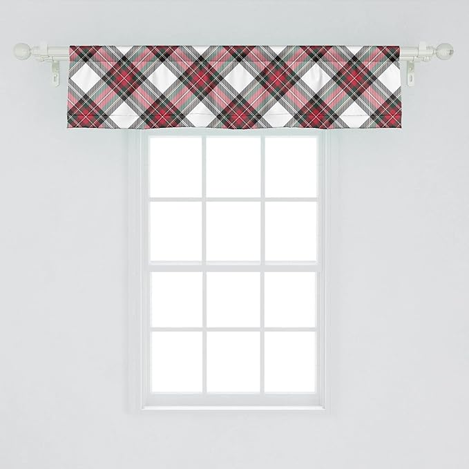 Ambesonne Tartan Window Valance, Traditional Plaid with Diagonal Lines and Rhombuses Scottish Culture Inspirations, Curtain Valance for Kitchen Bedroom Decor with Rod Pocket, 54" X 12", Coral Black