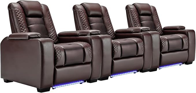 ANJ Power Home Theater Seating Set of 3, Brown Faux Leather Electric Recliner Chair with Powered Headrest, Dual Motors Movie Reclining Chairs with LED Lights,USB Port,Cup Holders, Hidden Arm Storage
