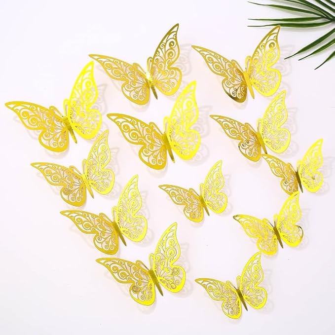 3D Butterfly Wall Decor 48 Pcs 4 Styles 4 Colors 3 Sizes,Gold Silver Laser Rose Butterfly Decorations for Butterfly Birthday Decorations Butterfly Party Decorations Cake Decorations,Removable Sticker