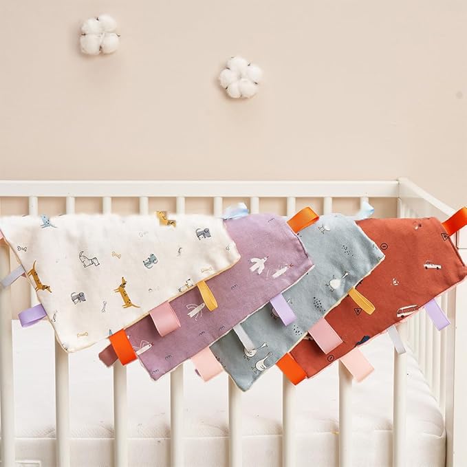 Baby Tags Security Blanket, Sensory Soothing Blanket with Tags,Dotted Backing Taggies Blanket for 3-12 Months Boys and Girls. (Hedgehog and Snail)
