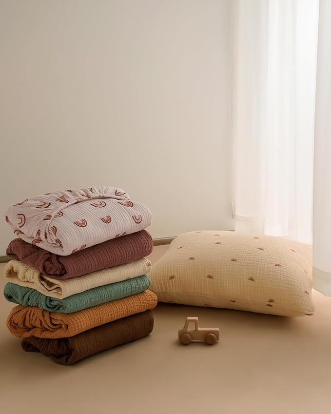 Blissful Diary Muslin Bassinet Sheets for Baby Girls Boys, Boho Soft Cotton Fitted for Oval Hourglass Rectangle Mattress, 2 Pack(Rainbow&Cedar)