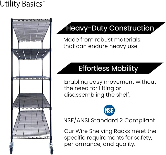 48"x24"x72" Black 5-Tier Premium Wire Shelving NSF 4000 LBS MAX Capacity Heavy Duty Steel Storage Rack for Warehouses, Garages, Hospitals, Commercial Spaces, & Schools w/Premium Wheels