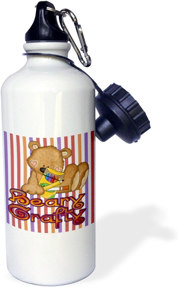 3dRose "Cute Beary Crafty School Days Bear Cartoon on Striped Background" Sports Water Bottle, 21 oz, White