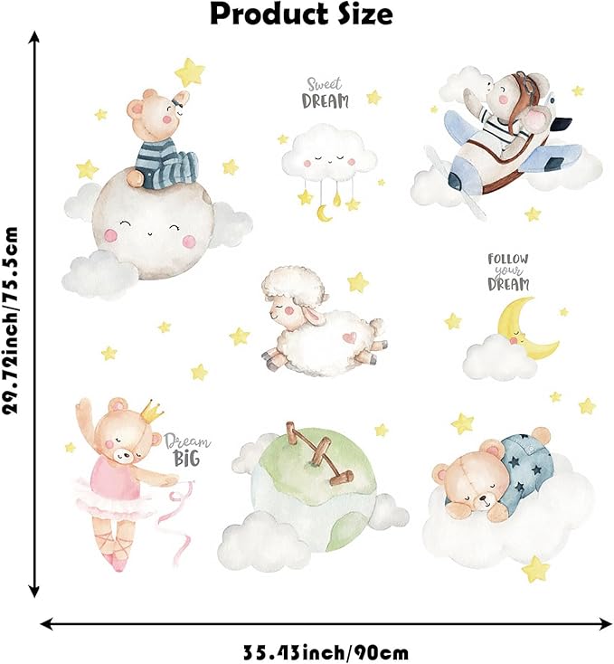 Animal Wall Sticker Clouds Bear Sheep Moon Wall Decals Children DIY Art Decal for Living Room TV Sofa Background Bedroom Kids Room Nursery