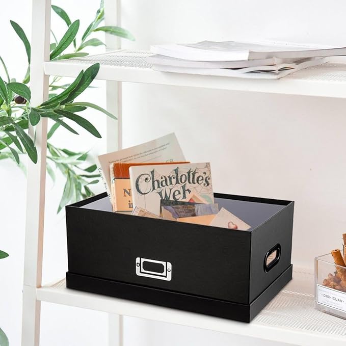 Briful Decorative Storage Boxes with Lids Set of 2 – 14'' + 13'' Set Rectangular Nesting Boxes – Cardboard Organizer with Lift-Top Lid – Black Wood for Home & Office