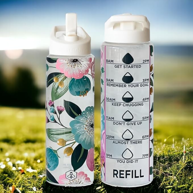 Biddlebee 32oz. Hydration Tracker Water Bottles with Times To Drink | Big Motivational Water Bottle with Time Marker, Straw Lid, & Measurements | BPA-Free (Pretty Flowers)
