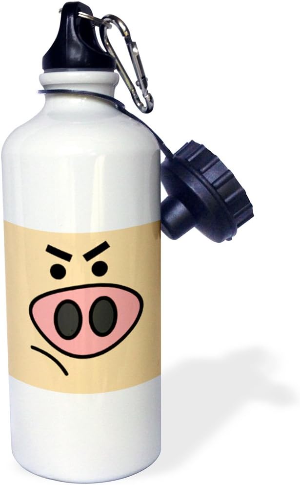 3dRose "Cute Angry Pig Face" Sports Water Bottle, 21 oz, White