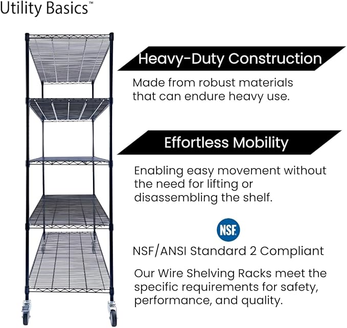 60"x24"x72" Black 5-Tier Premium Metal Wire Shelving NSF 4000 LBS MAX Capacity Heavy Duty Steel Storage Rack for Warehouse, Garage, Hospital, Commercial Space & School w/Premium Wheels