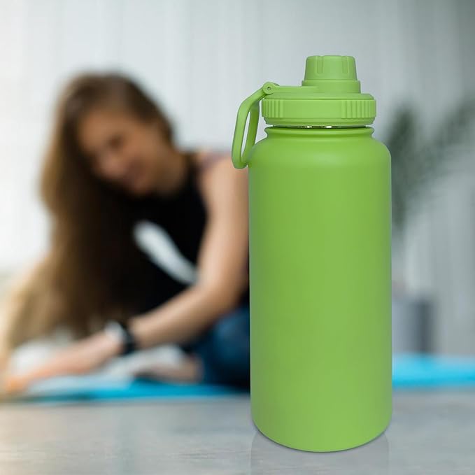 32oz Insulated Water Bottle ,Stainless Steel Sports Water Cup Flask with 2 Lids, Wide Mouth Travel Thermal Mug,Outdoor Sports Bottle(Lemon Green)