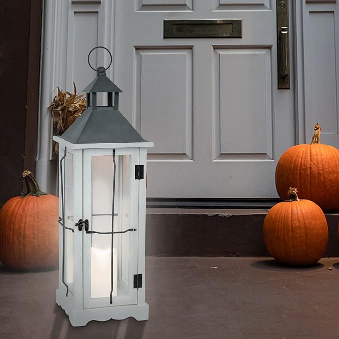 Bdor 2 Pack 26in Farmhouse White Waterproof Wood Metal Decorative Lanterns with Remote Control, Timer, Tempered Glass, Flameless Pillar Candles, Decorative Lanterns for Front Porch, Wedding