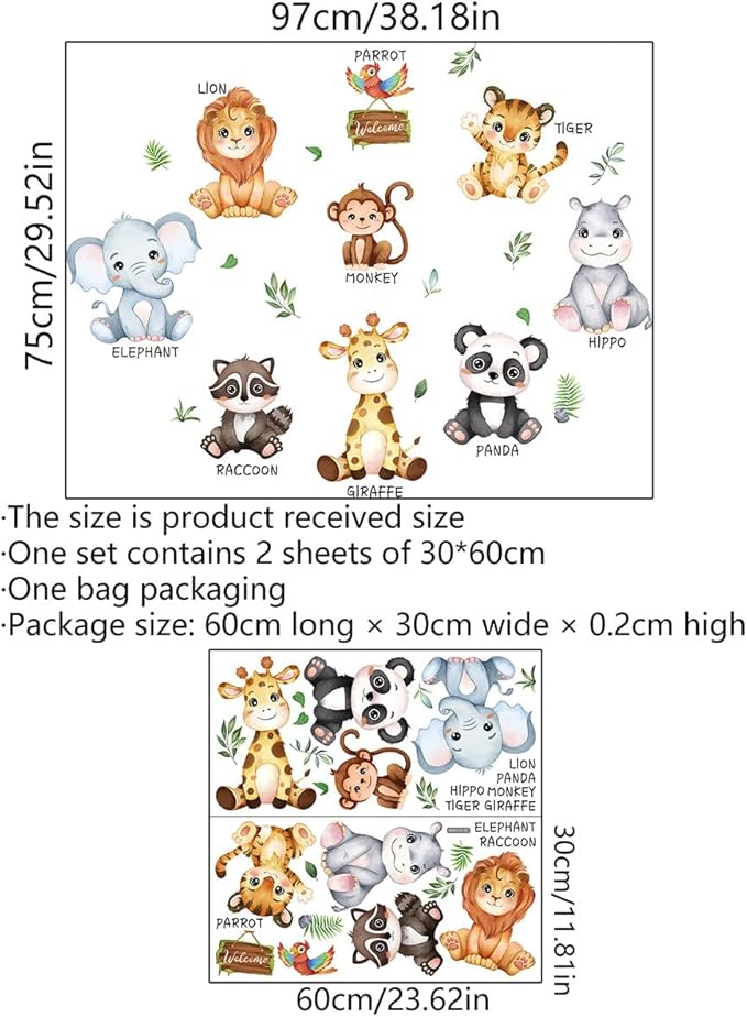 Baby Animal Wall Stickers Panda Lion Giraffe Wall Decals Premium Vinyl Jungle Animal Wall Decals for Nursery Living Room TV Sofa Background Bedroom Kids Room