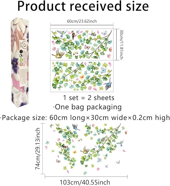 Butterfly, Bird, Decal, Green Leaf Wall Sticker, Ivy Vine Plant Wall Sticker, Living Room, Bedroom, Sofa, TV Background Wall Decoration