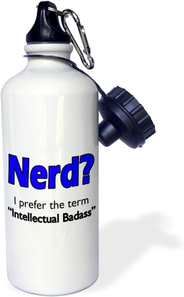 3dRose "Nerd. Intellectual Badass. Blue." Sports Water Bottle, 21 oz, White
