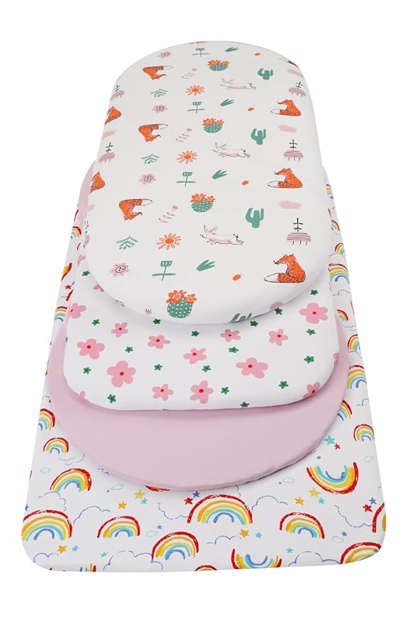 Bassinet Sheets Compatible with Chicco Lullago Anywhere & Baby Bjorn Cradle Bassinet, 2 Pack, 100% Jersey Knit Cotton 190GSM, Ultra Soft Breathable, Floral and Pink