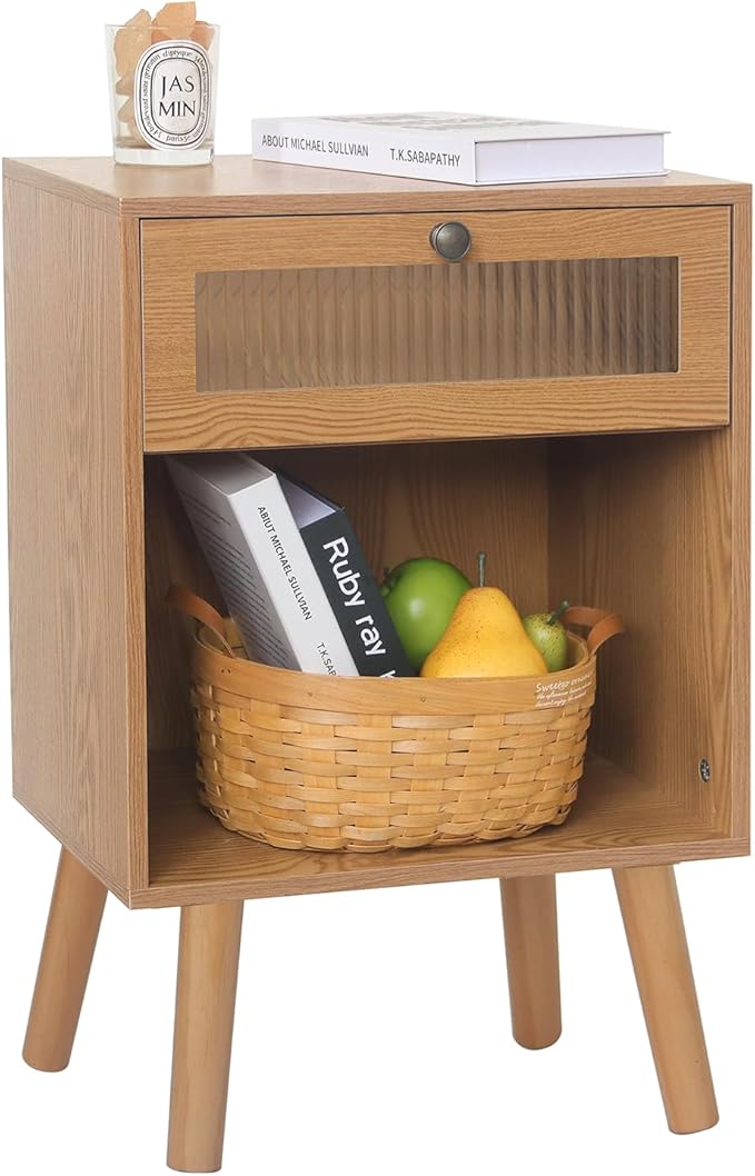 AWASEN Mid Century Nightstand, Bedside Table with Glass Storage Drawer and Large Open Shelf, Modern Night Stand Side End Table with Solid Legs for Bedroom, and Small Space, Brown