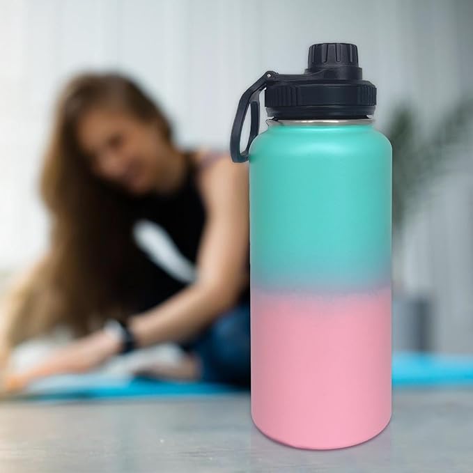 4pack 32 oz Insulated Water Bottle With Straw, Stainless Steel Sports Water Cup Flask with 2 Lids, Wide Mouth Travel Thermal Mug,Pink gradient